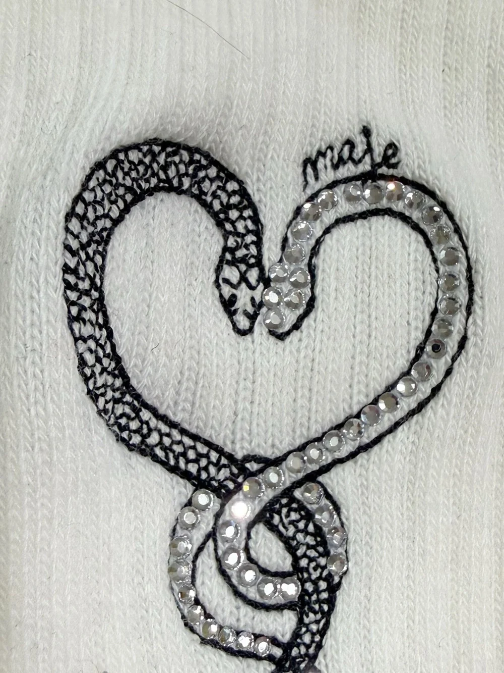 Maje Rhinestone Crystal Heart Snake High Ribbed White Cotton Socks NEW